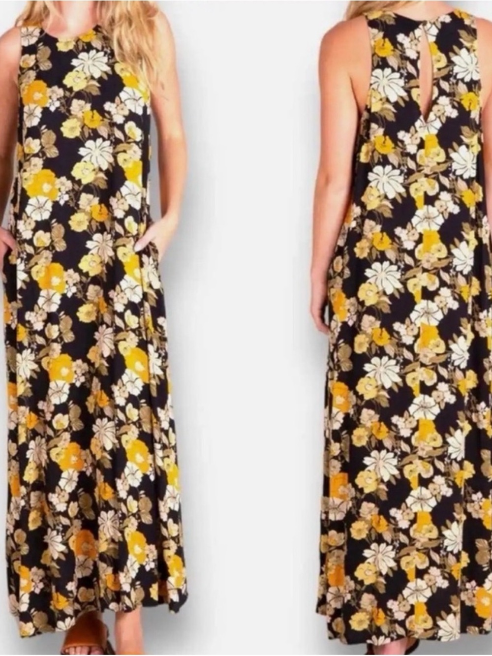 Natural Life Floral Side-Slit Maxi Dress Black Yellow Medium